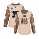 Women's St. Louis Blues #16 Brett Hull Authentic Camo Veterans Day Practice 2019 Stanley Cup Champions Hockey Jersey