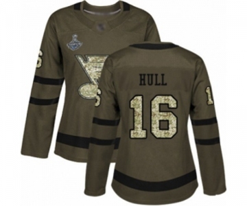 Women's St. Louis Blues #16 Brett Hull Authentic Green Salute to Service 2019 Stanley Cup Champions Hockey Jersey