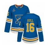 Women's St. Louis Blues #16 Brett Hull Authentic Navy Blue Alternate 2019 Stanley Cup Champions Hockey Jersey