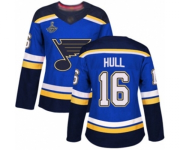 Women's St. Louis Blues #16 Brett Hull Authentic Royal Blue Home 2019 Stanley Cup Champions Hockey Jersey