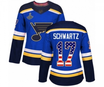 Women's St. Louis Blues #17 Jaden Schwartz Authentic Blue USA Flag Fashion 2019 Stanley Cup Champions Hockey Jersey