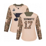 Women's St. Louis Blues #17 Jaden Schwartz Authentic Camo Veterans Day Practice 2019 Stanley Cup Champions Hockey Jersey