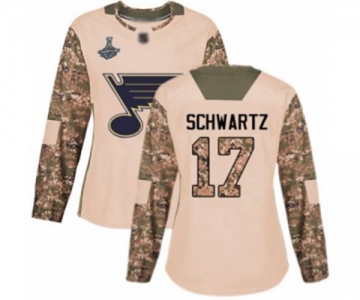 Women's St. Louis Blues #17 Jaden Schwartz Authentic Camo Veterans Day Practice 2019 Stanley Cup Champions Hockey Jersey