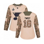 Women's St. Louis Blues #18 Tony Twist Authentic Camo Veterans Day Practice 2019 Stanley Cup Champions Hockey Jersey