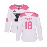 Women's St. Louis Blues #18 Tony Twist Authentic White Pink Fashion 2019 Stanley Cup Champions Hockey Jersey