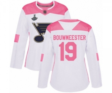 Women's St. Louis Blues #19 Jay Bouwmeester Authentic White Pink Fashion 2019 Stanley Cup Champions Hockey Jersey