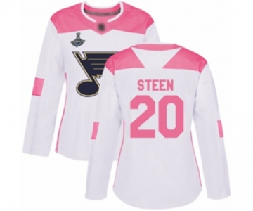 Women's St. Louis Blues #20 Alexander Steen Authentic White Pink Fashion 2019 Stanley Cup Champions Hockey Jersey