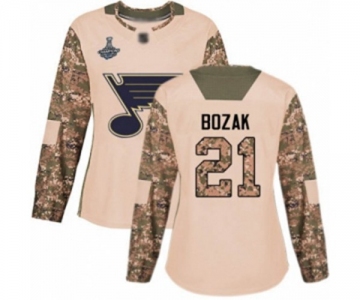 Women's St. Louis Blues #21 Tyler Bozak Authentic Camo Veterans Day Practice 2019 Stanley Cup Champions Hockey Jersey