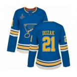 Women's St. Louis Blues #21 Tyler Bozak Authentic Navy Blue Alternate 2019 Stanley Cup Champions Hockey Jersey