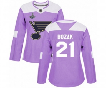 Women's St. Louis Blues #21 Tyler Bozak Authentic Purple Fights Cancer Practice 2019 Stanley Cup Champions Hockey Jersey