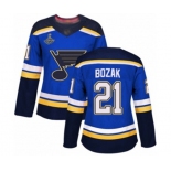 Women's St. Louis Blues #21 Tyler Bozak Authentic Royal Blue Home 2019 Stanley Cup Champions Hockey Jersey