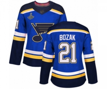 Women's St. Louis Blues #21 Tyler Bozak Authentic Royal Blue Home 2019 Stanley Cup Champions Hockey Jersey