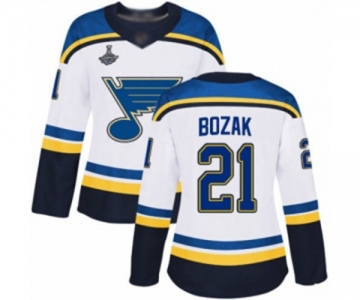 Women's St. Louis Blues #21 Tyler Bozak Authentic White Away 2019 Stanley Cup Champions Hockey Jersey