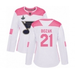 Women's St. Louis Blues #21 Tyler Bozak Authentic White Pink Fashion 2019 Stanley Cup Champions Hockey Jersey