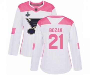 Women's St. Louis Blues #21 Tyler Bozak Authentic White Pink Fashion 2019 Stanley Cup Champions Hockey Jersey