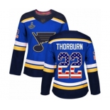 Women's St. Louis Blues #22 Chris Thorburn Authentic Blue USA Flag Fashion 2019 Stanley Cup Champions Hockey Jersey