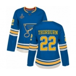 Women's St. Louis Blues #22 Chris Thorburn Authentic Navy Blue Alternate 2019 Stanley Cup Champions Hockey Jersey