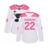 Women's St. Louis Blues #22 Chris Thorburn Authentic White Pink Fashion 2019 Stanley Cup Champions Hockey Jersey