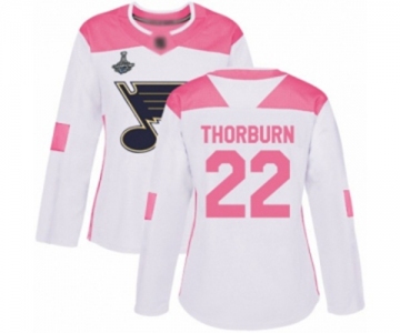 Women's St. Louis Blues #22 Chris Thorburn Authentic White Pink Fashion 2019 Stanley Cup Champions Hockey Jersey