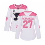 Women's St. Louis Blues #27 Alex Pietrangelo Authentic White Pink Fashion 2019 Stanley Cup Champions Hockey Jersey