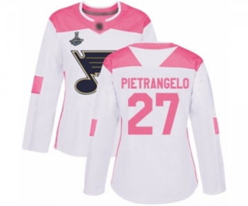 Women's St. Louis Blues #27 Alex Pietrangelo Authentic White Pink Fashion 2019 Stanley Cup Champions Hockey Jersey