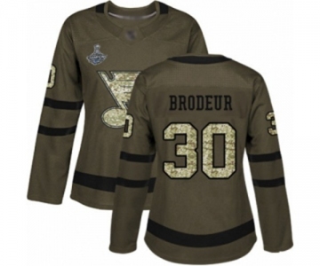 Women's St. Louis Blues #30 Martin Brodeur Authentic Green Salute to Service 2019 Stanley Cup Champions Hockey Jersey