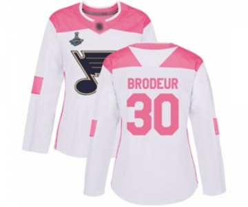 Women's St. Louis Blues #30 Martin Brodeur Authentic White Pink Fashion 2019 Stanley Cup Champions Hockey Jersey