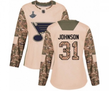 Women's St. Louis Blues #31 Chad Johnson Authentic Camo Veterans Day Practice 2019 Stanley Cup Champions Hockey Jersey