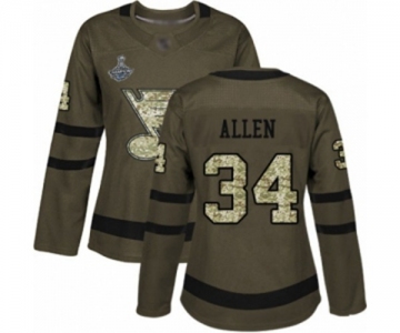 Women's St. Louis Blues #34 Jake Allen Authentic Green Salute to Service 2019 Stanley Cup Champions Hockey Jersey