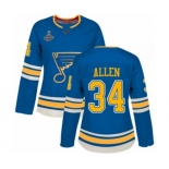 Women's St. Louis Blues #34 Jake Allen Authentic Navy Blue Alternate 2019 Stanley Cup Champions Hockey Jersey