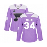 Women's St. Louis Blues #34 Jake Allen Authentic Purple Fights Cancer Practice 2019 Stanley Cup Champions Hockey Jersey