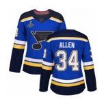 Women's St. Louis Blues #34 Jake Allen Authentic Royal Blue Home 2019 Stanley Cup Champions Hockey Jersey