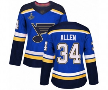 Women's St. Louis Blues #34 Jake Allen Authentic Royal Blue Home 2019 Stanley Cup Champions Hockey Jersey