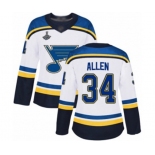 Women's St. Louis Blues #34 Jake Allen Authentic White Away 2019 Stanley Cup Champions Hockey Jersey