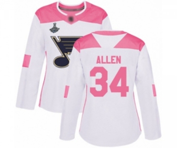 Women's St. Louis Blues #34 Jake Allen Authentic White Pink Fashion 2019 Stanley Cup Champions Hockey Jersey