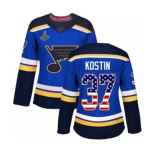 Women's St. Louis Blues #37 Klim Kostin Authentic Blue USA Flag Fashion 2019 Stanley Cup Champions Hockey Jersey