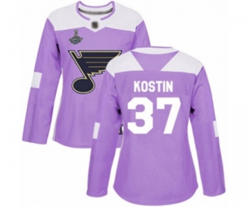 Women's St. Louis Blues #37 Klim Kostin Authentic Purple Fights Cancer Practice 2019 Stanley Cup Champions Hockey Jersey