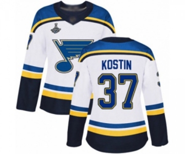 Women's St. Louis Blues #37 Klim Kostin Authentic White Away 2019 Stanley Cup Champions Hockey Jersey