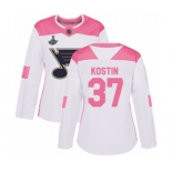 Women's St. Louis Blues #37 Klim Kostin Authentic White Pink Fashion 2019 Stanley Cup Champions Hockey Jersey