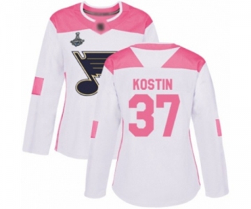 Women's St. Louis Blues #37 Klim Kostin Authentic White Pink Fashion 2019 Stanley Cup Champions Hockey Jersey