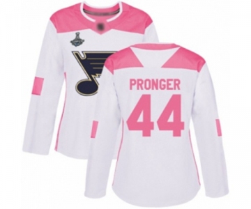 Women's St. Louis Blues #44 Chris Pronger Authentic White Pink Fashion 2019 Stanley Cup Champions Hockey Jersey