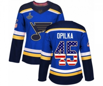 Women's St. Louis Blues #45 Luke Opilka Authentic Blue USA Flag Fashion 2019 Stanley Cup Champions Hockey Jersey