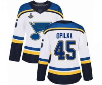 Women's St. Louis Blues #45 Luke Opilka Authentic White Away 2019 Stanley Cup Champions Hockey Jersey