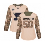 Women's St. Louis Blues #50 Jordan Binnington Authentic Camo Veterans Day Practice 2019 Stanley Cup Champions Hockey Jersey