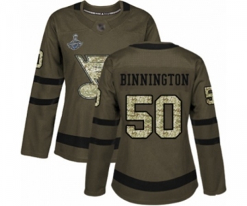 Women's St. Louis Blues #50 Jordan Binnington Authentic Green Salute to Service 2019 Stanley Cup Champions Hockey Jersey