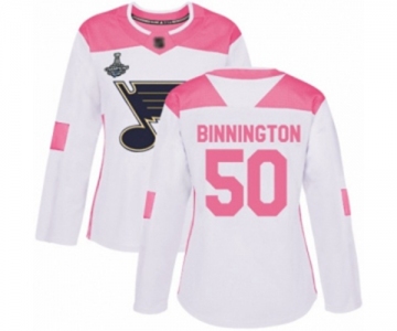 Women's St. Louis Blues #50 Jordan Binnington Authentic White Pink Fashion 2019 Stanley Cup Champions Hockey Jersey