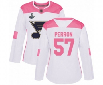 Women's St. Louis Blues #57 David Perron Authentic White Pink Fashion 2019 Stanley Cup Champions Hockey Jersey