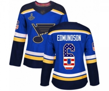 Women's St. Louis Blues #6 Joel Edmundson Authentic Blue USA Flag Fashion 2019 Stanley Cup Champions Hockey Jersey