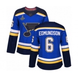 Women's St. Louis Blues #6 Joel Edmundson Authentic Royal Blue Home 2019 Stanley Cup Champions Hockey Jersey