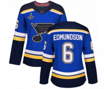 Women's St. Louis Blues #6 Joel Edmundson Authentic Royal Blue Home 2019 Stanley Cup Champions Hockey Jersey